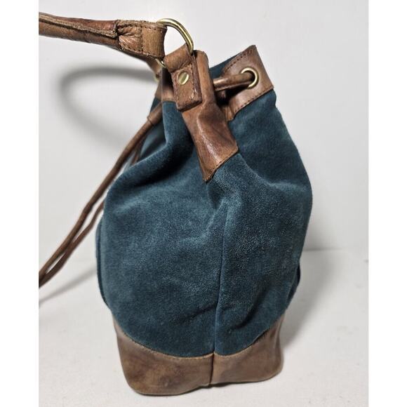 Anabaglish Suede/Leather Drawstring Hobo Shoulder Bag Purse Teal with Brown Trim - Picture 6 of 15